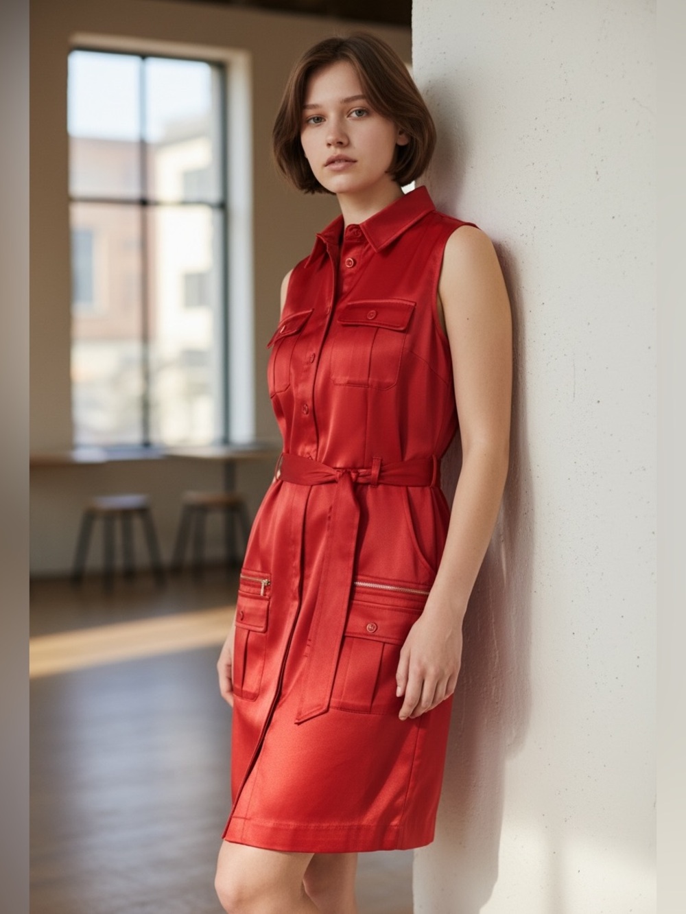 Dress Barn Sleeveless Red Shirt Dress with Waist Tie